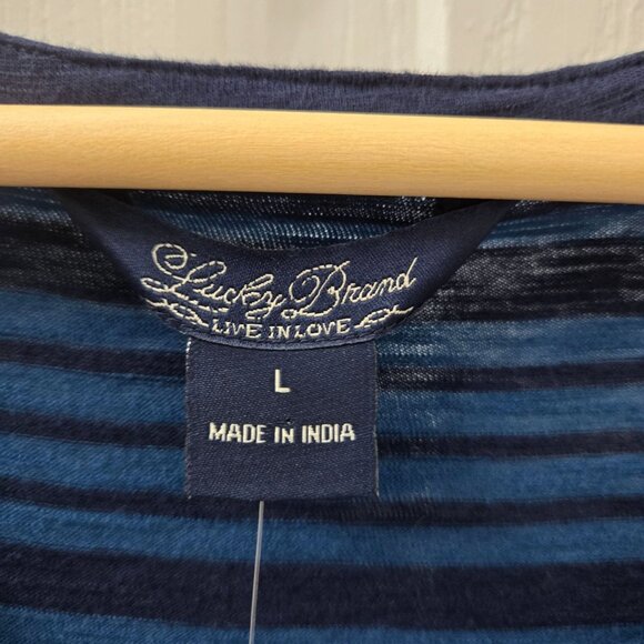 Lucky Brand Henley Top Womens Large Navy Blue Striped Embroidered Tunic Boho NEW - Picture 3 of 10